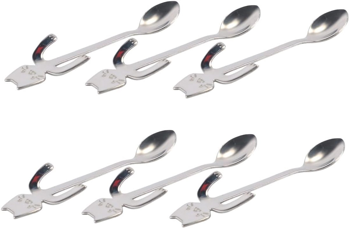 Koffielepel van roestvrij staal in de vorm van een kat, 6 stuks. Dessert-espressolepel met kattendecoratie. Geschikt als, familie-eetkamer, restaurant, vakantiecadeau.