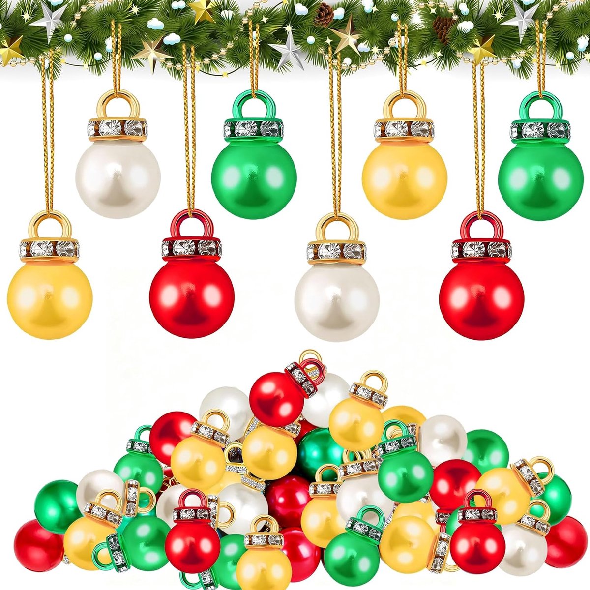 Kerstballenset, 80 stuks mini-kerstballen, 16 mm, mini-kerstballen, kleurrijk, met 10 meter gouddraad, voor kerstbomen, slingers, trappen, ramen