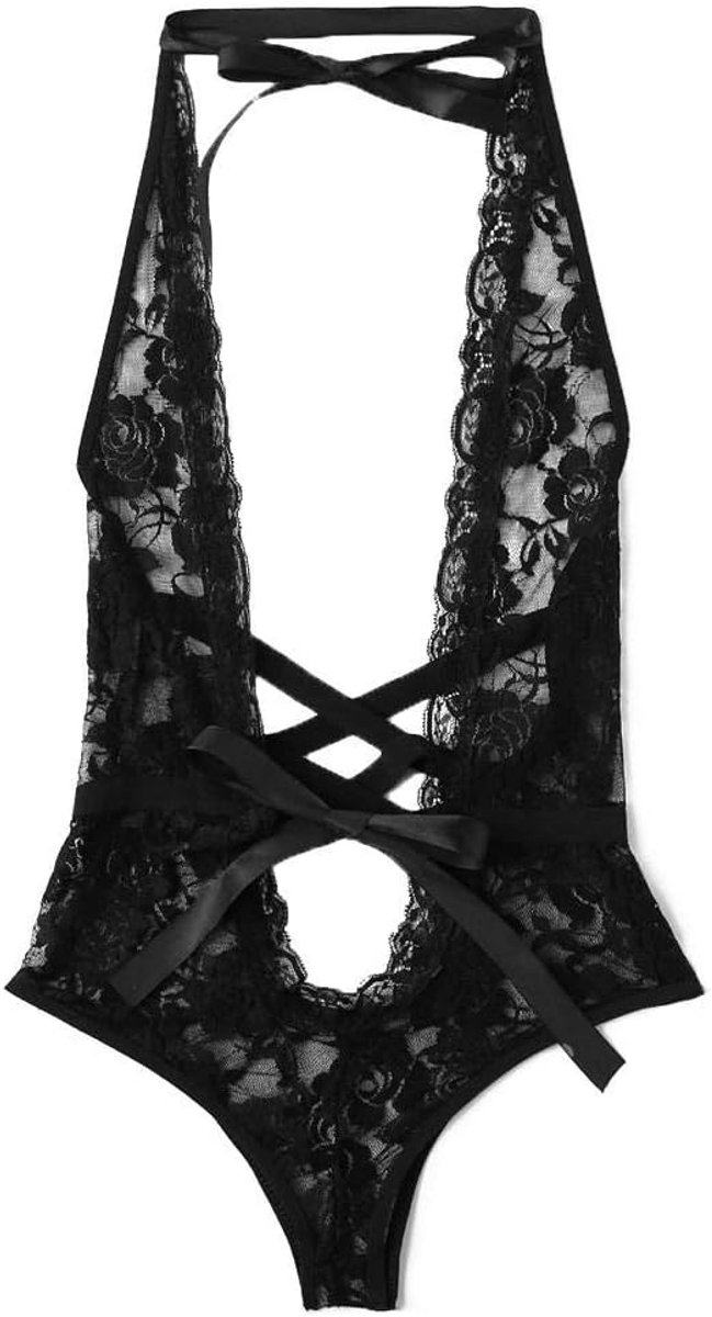 Sexy lingerie dames v-hals doorschijnende kanten kimono lingerie nachthemd ondergoed sexy set negligé jurk met stringDames Ondergoed Set Lingerie Set Sexy Lingerie Meisje Lage Rug Kruis Bloemen Kant Nachtkleding-Black_XXL