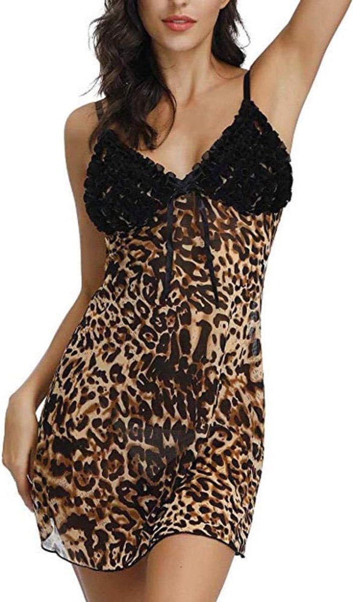 Kimono voor dames kanten robe transparant nachtkleding ochtendjas badjas lingeriesetSexy Jurk V-hals Nachtkleding Luipaardprint Nachtkleding Nachthemden Lingerie Verleiding Hemdje Ondergoed Nachthemd-Yellow_L