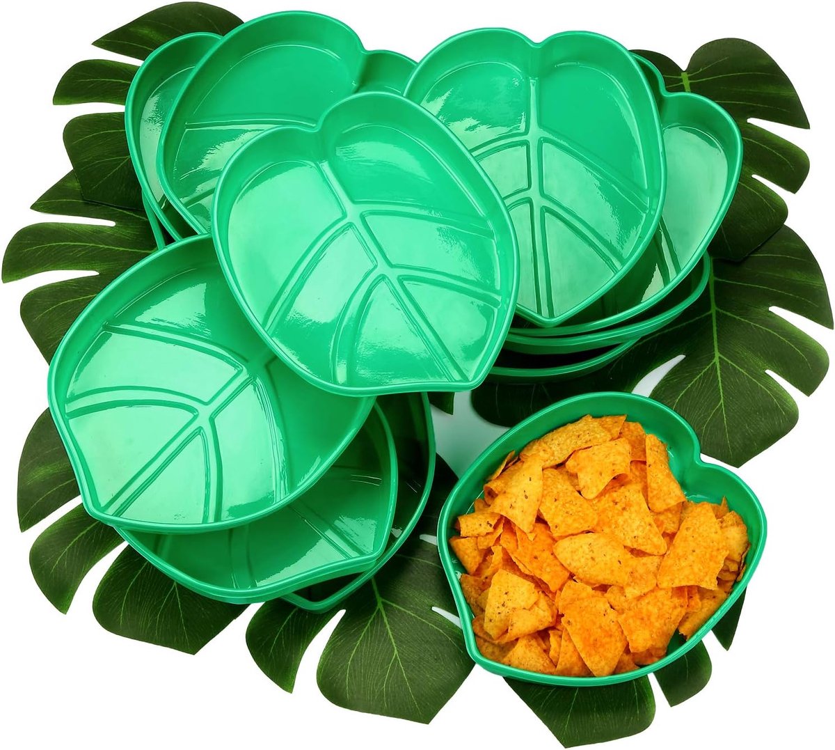 Snack Tray Hawaii Style Herbruikbare Voedsel Dienblad met Tropische Imitatie Groene Planten Bladeren, Koekjes Chips, Snoep Dip, voor Jungle Island Luau Party Thema Decoraties Verjaardagen 12