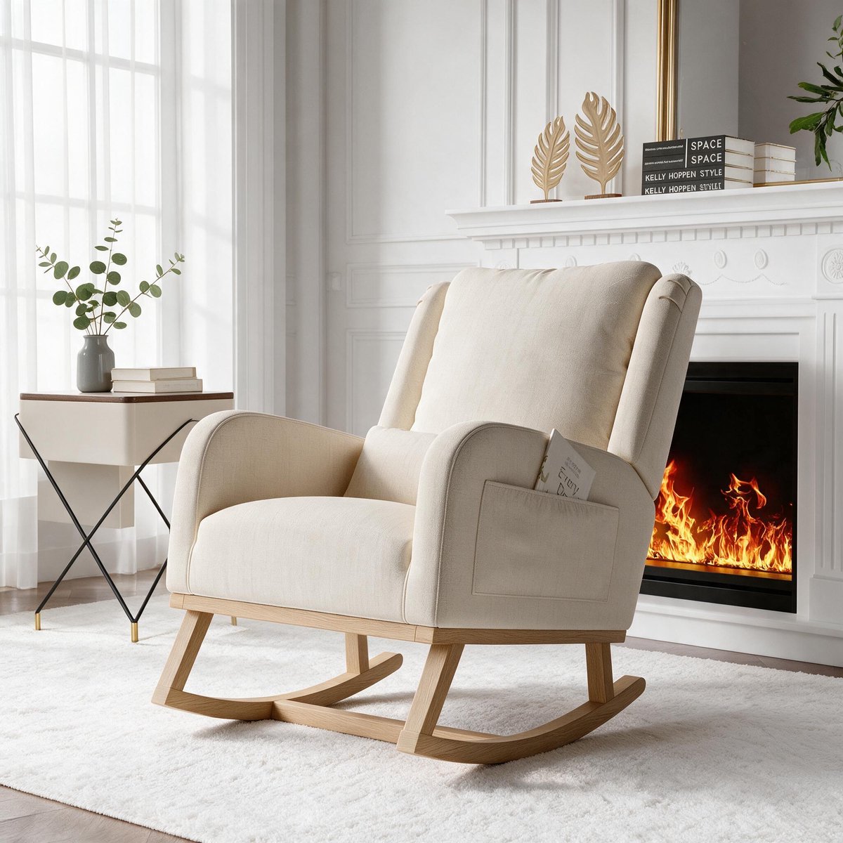 Linnen Schommelstoel als verpleegstoel, Relaxstoel voor babykamer met verdikt kussen en lumbaalkussen, massief houten en metalen frame, Max. 130 kg belastbaar, Beige