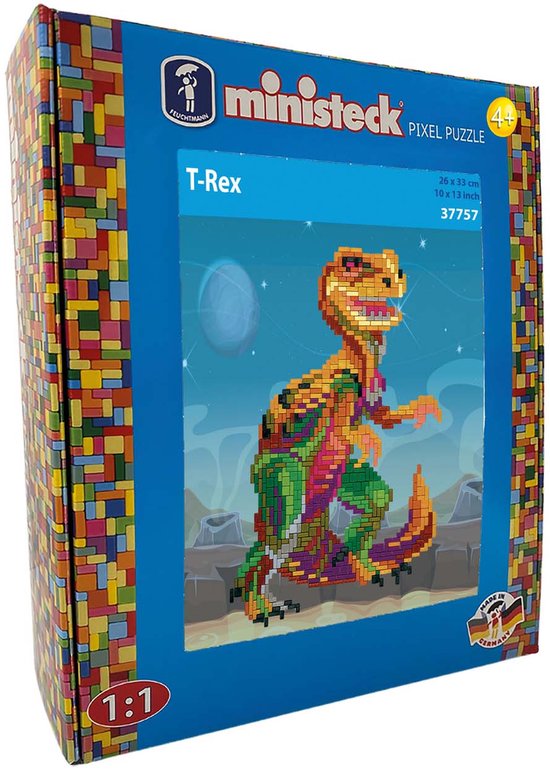 Ministeck pixelpuzzel T-Rex in felgekleurde mozaïekstijl, 26 x 33 cm.