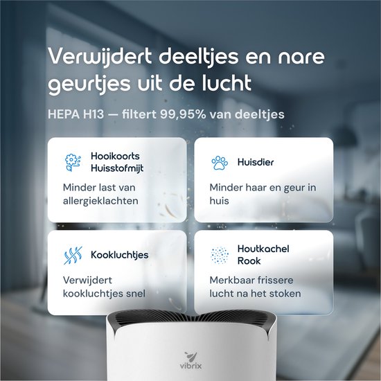 Iconen tonen hoe de Vibrix luchtreiniger helpt bij hooikoorts, huisdieren, kookluchtjes en houtrook.