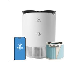 Vibrix PureFlow30 Luchtreiniger / Air Purifier – HEPA H13 + koolstoffilter – 180 m³/u – Voor kamers tot 30 m² – Ionisator – App-bediening – Zeer stil met slaapstand – Luchtkwaliteitindicator