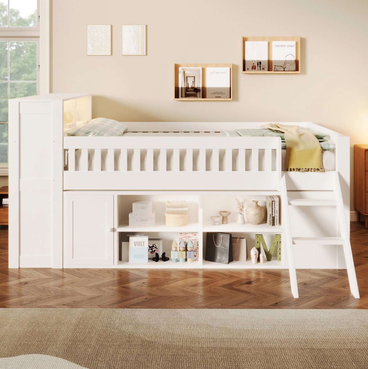DESMIU Halfhoogslaper 140x200 cm – LED-Verlichting En Opbergruimte – Open Vakken En Kastvak – Kinderkamer – Hout En MDF – Wit – Zonder Matras