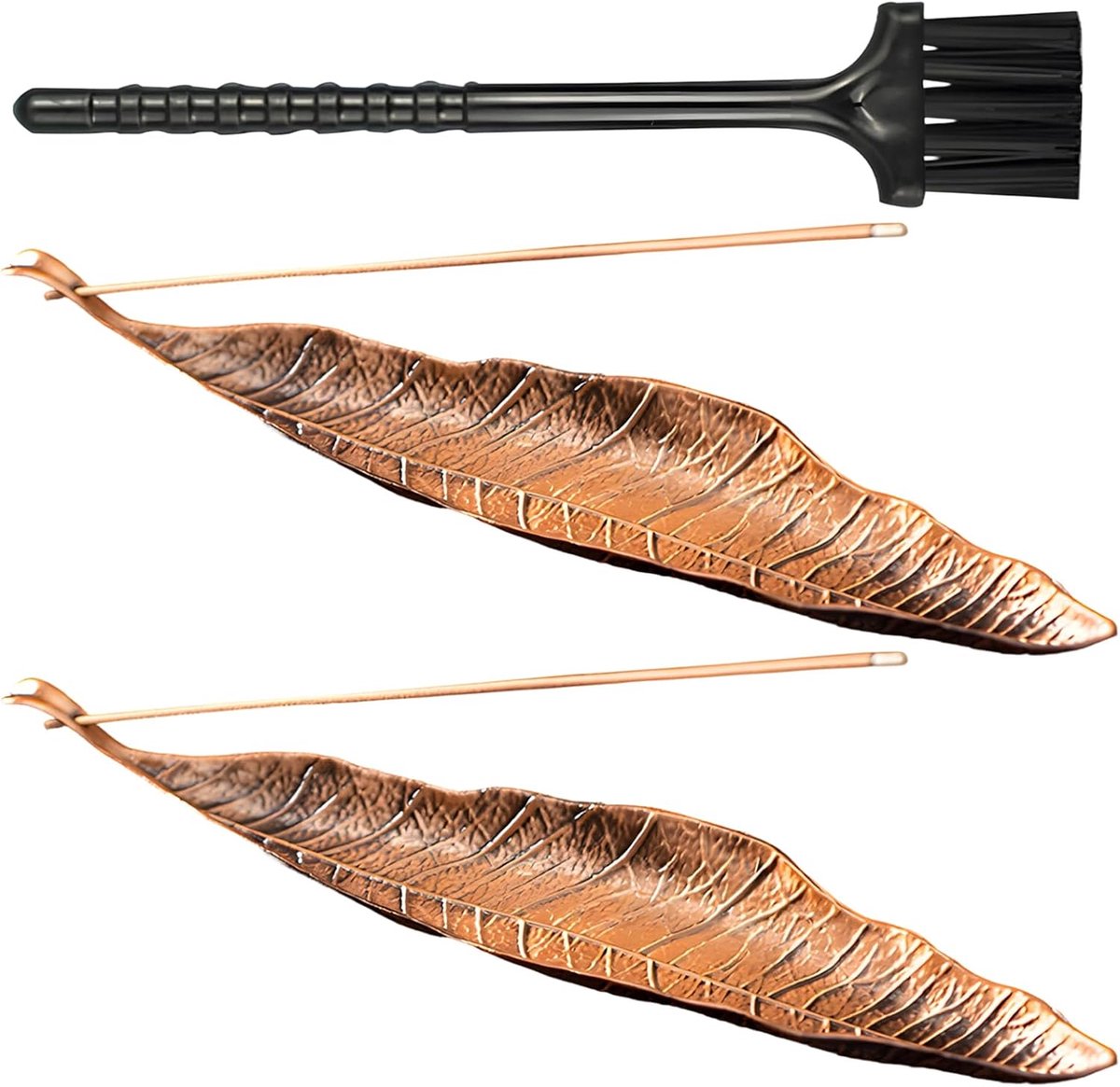 2 stuks bronzen houder wierookstokjes met mini-bezem, incense houder ascatcher, wierookstokjeshouder voor - ShopVlot