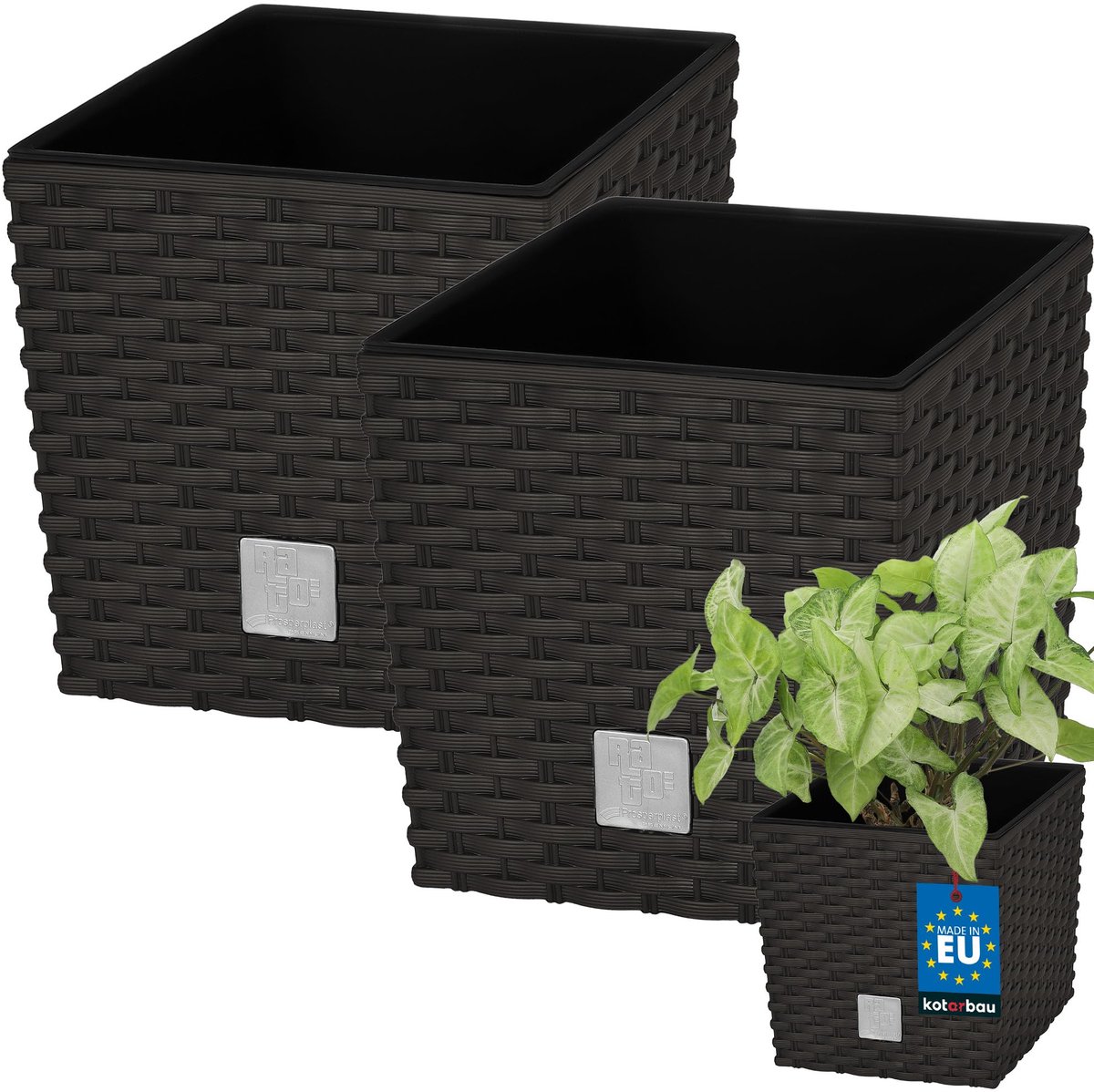 KOTARBAU® Vierkante Bloempot met Inzetpot - Vierkante Plantenbak 17x17 cm 2 Stuks - Plantenpot 4 L - Plantenbak - Kunststof - Rotanlook - Umbra