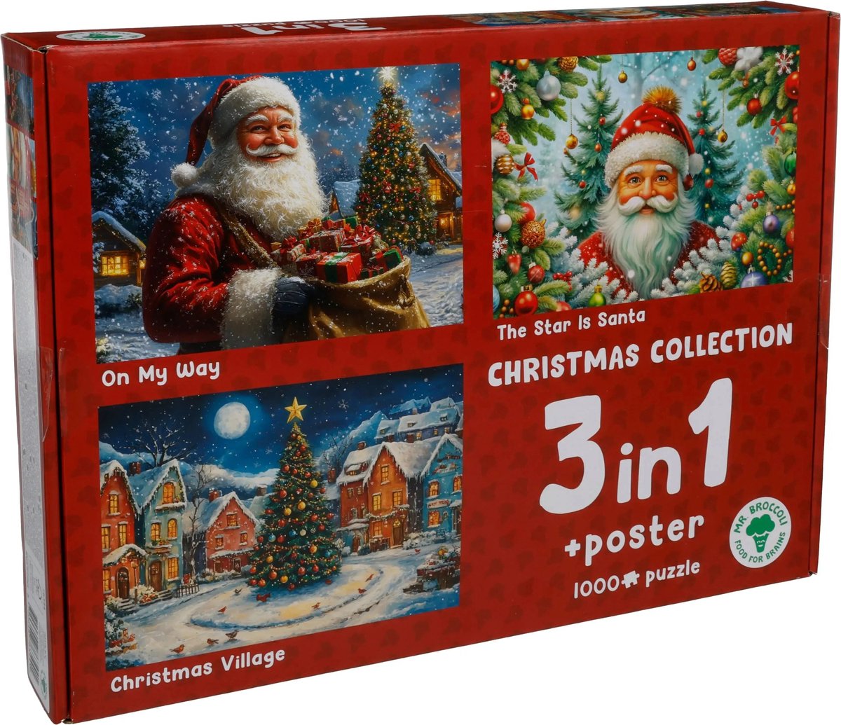Kerstpuzzel 3 x 1000 Stukjes - Mr. Broccoli 3 in 1 Puzzel Kerstmis - Kerstman en Kerstboom - Inclusief Poster - FSC® - 68 x 48 cm - Legpuzzel Kerst - Kerstpuzzels voor Volwassenen — afbeelding 7
