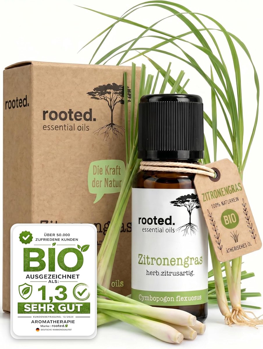 Rooted.® Biologische citroengras etherische olie, 10 ml, 100% zuiver, voor aromatherapie, diffusers, kamergeuren - ShopVlot