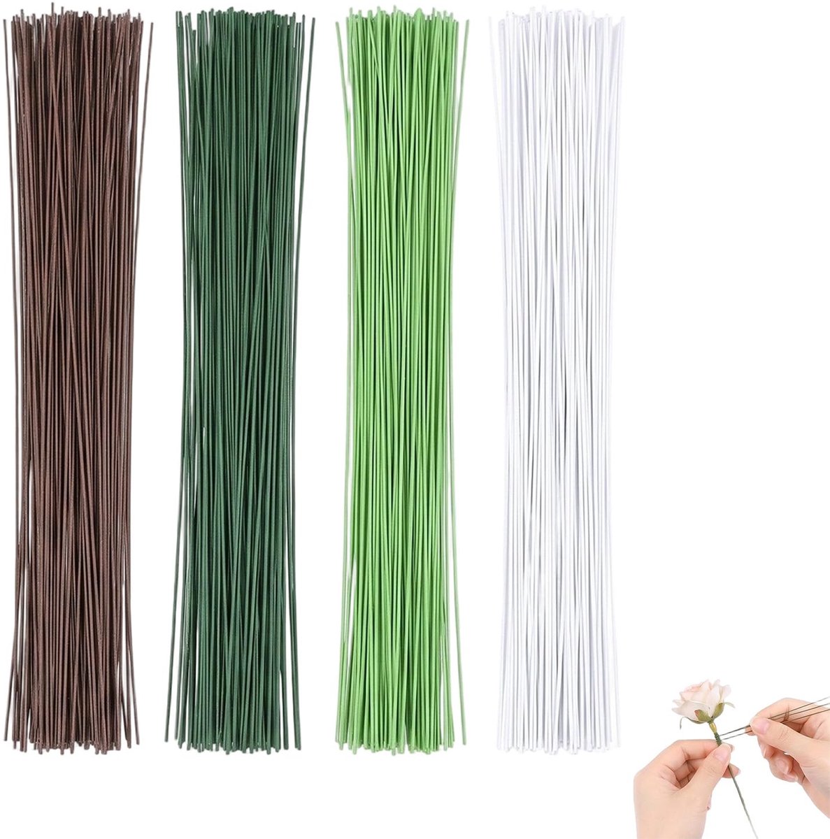 100 stuks ijzerdraad, 40 cm, kunstbloemsteel van zacht metaal, voor bloemstukken, groen, wit en bruin, voor creatieve vrije tijd en doe-het-zelf boeket
