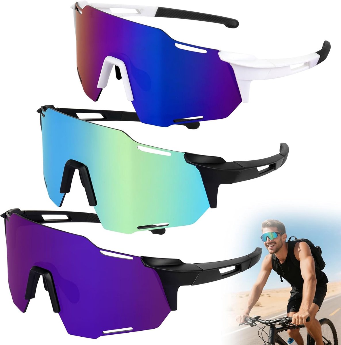 Bril, sportzonnebril heren dames, zonnebril, fietsbril, gepolariseerde fietsbril, winddicht, UV400 hardloopbril voor MTB, racefiets, fietsen, skiën, rave