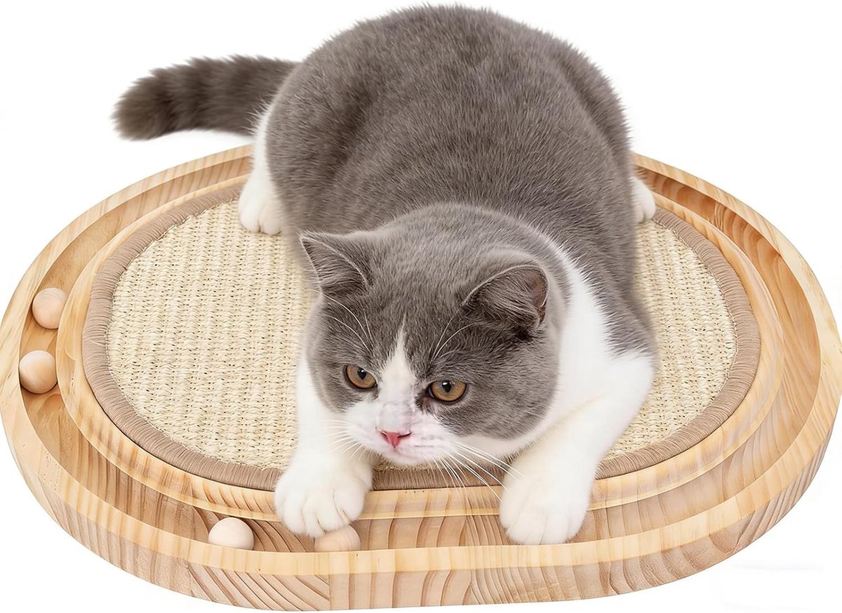 2-in-1 krabplank, kat en kattenspeelgoed, kogelbaan, hout, 43 x 33 x 2,5 cm, krabmat voor katten met 6 kleine rolballen, om te krabben, spelen en slapen