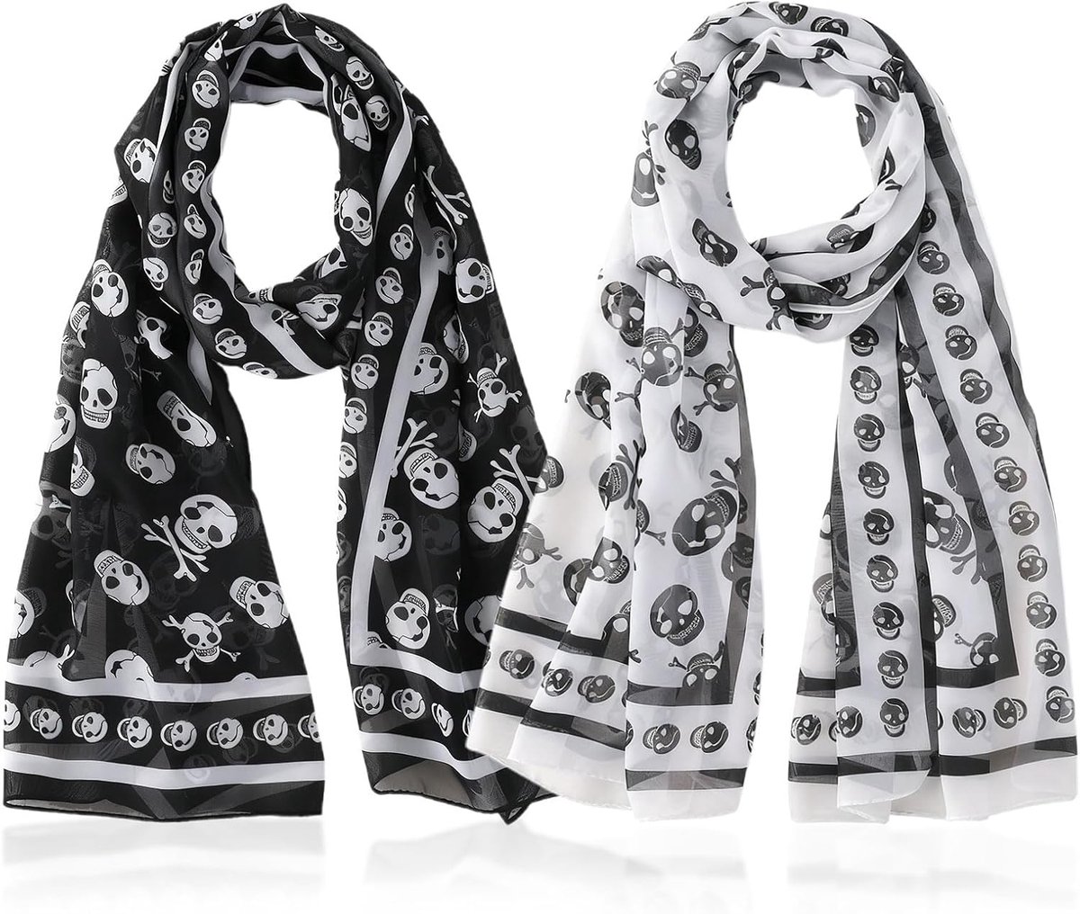 2 stuks schedel sjaal stola voor dames meisjes, 50 x 150 cm doek dames chiffon sjaals lichte halsdoek zachte sjaal met doodskop patroon voor feestelijke reizen zijden sjaal