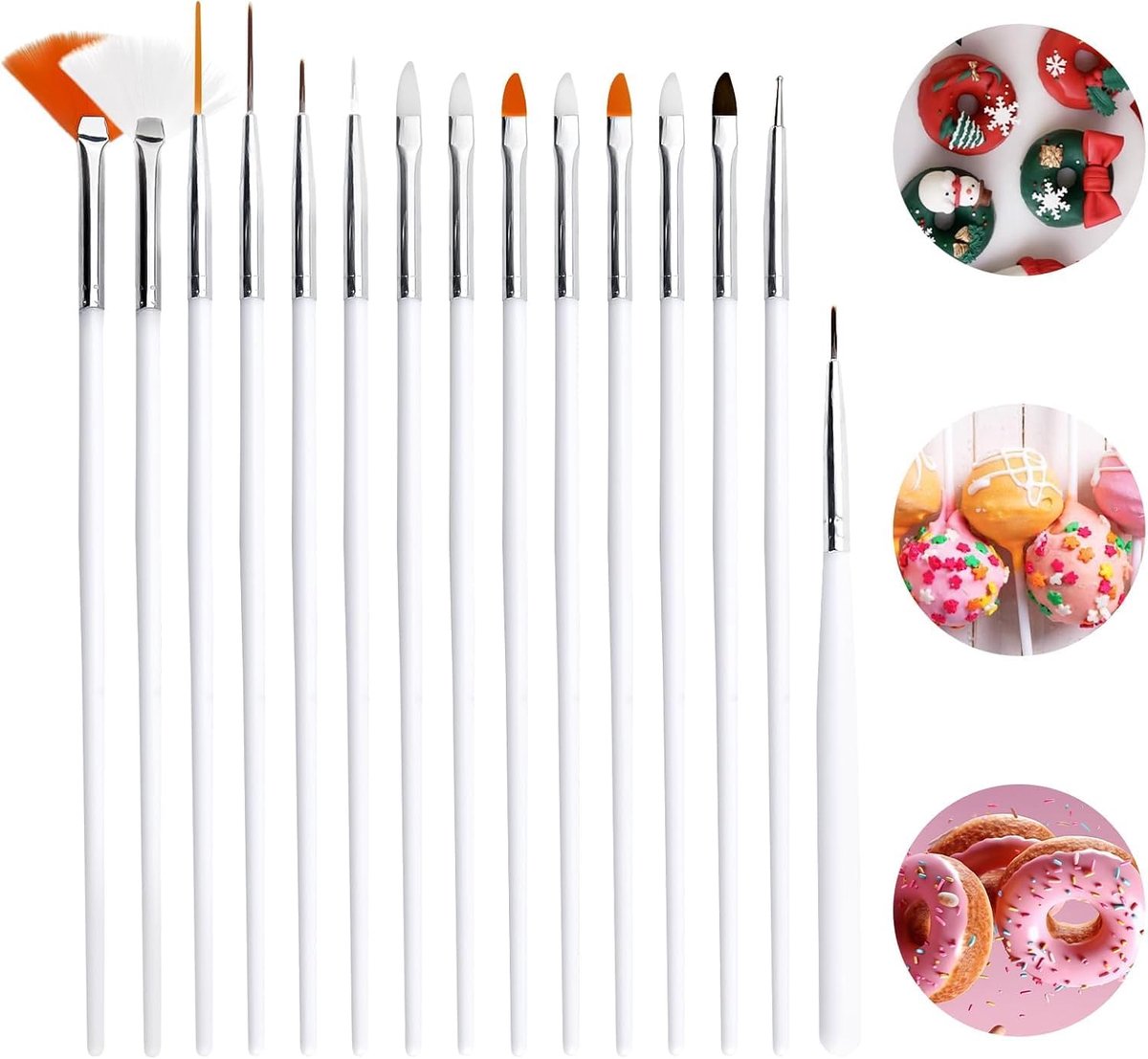 15 stuks fondant taartborstelset, taartschilderkwast, levensmiddelenkwast, suikerlijm, bakkwast, gereedschap, decoratiekwast voor doe-het-zelf decoreren van desserts, koekjes, koekjesvorm (wit)