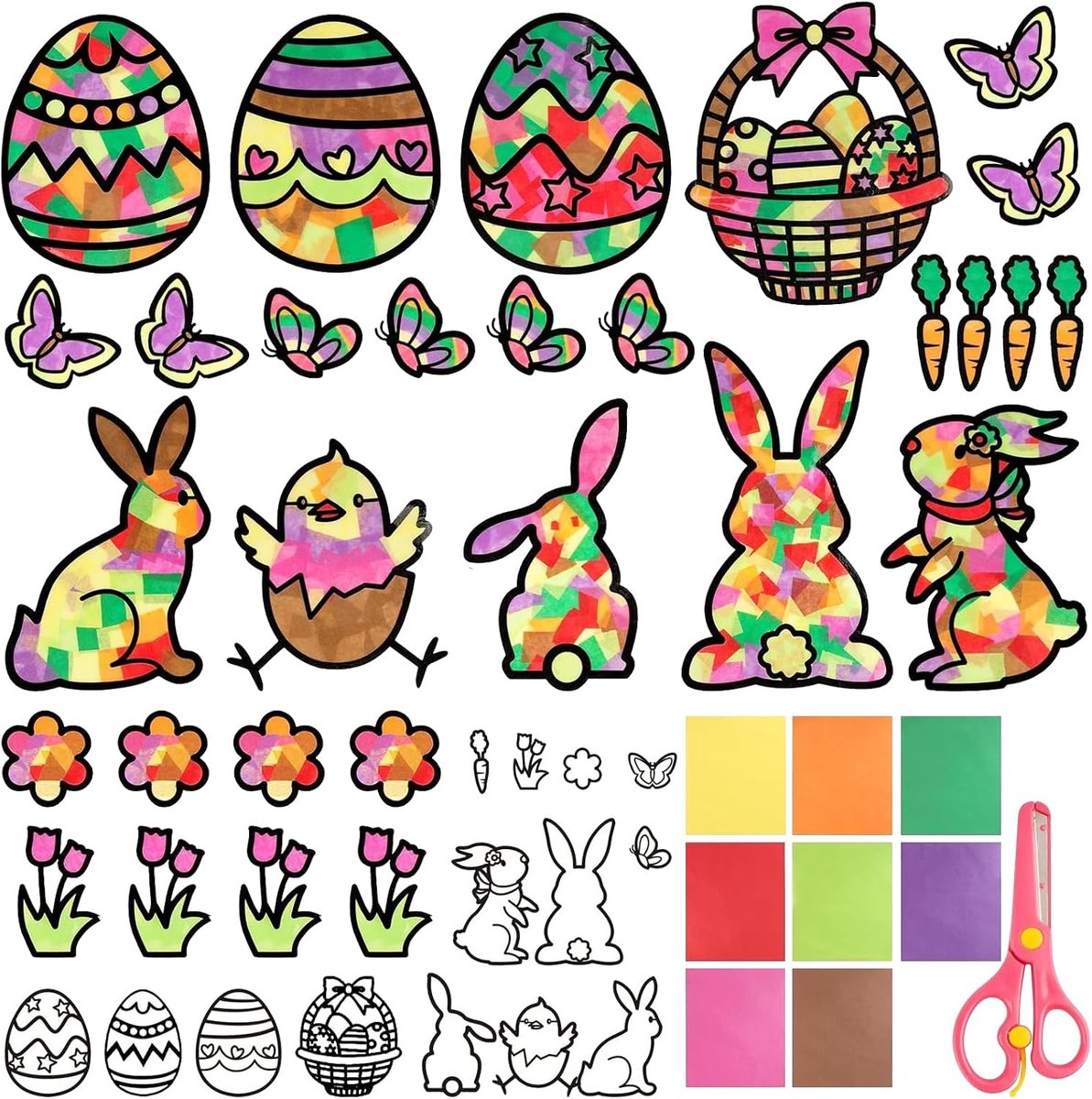 29 stuks knutselen Pasen kinderen raamafbeeldingen Pasen knutselen lente kinderen paasdecoratie raamafbeeldingen knutselen voor Pasen, raam, lentedecoratie met gekleurd glas effect, paasgeschenken