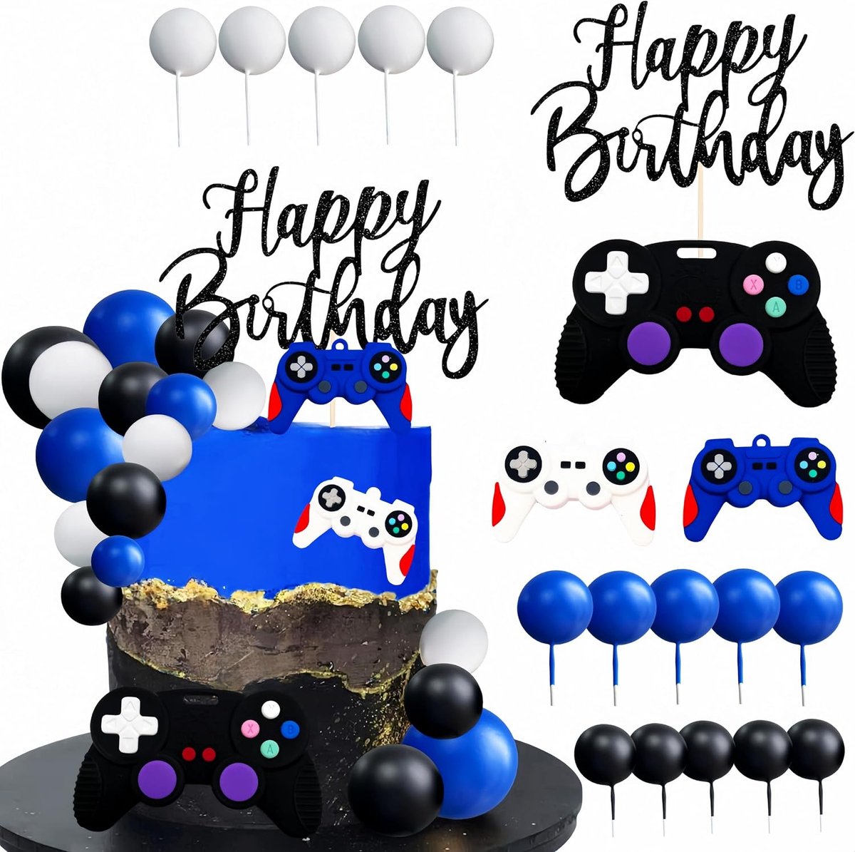 Videogame taarttopper set, gamer verjaardagsdecoratie voor jongens en kinderen, inclusief “Happy Birthday” taartbordje, gamecontroller toppers en mini ballonprikkers voor een leuk