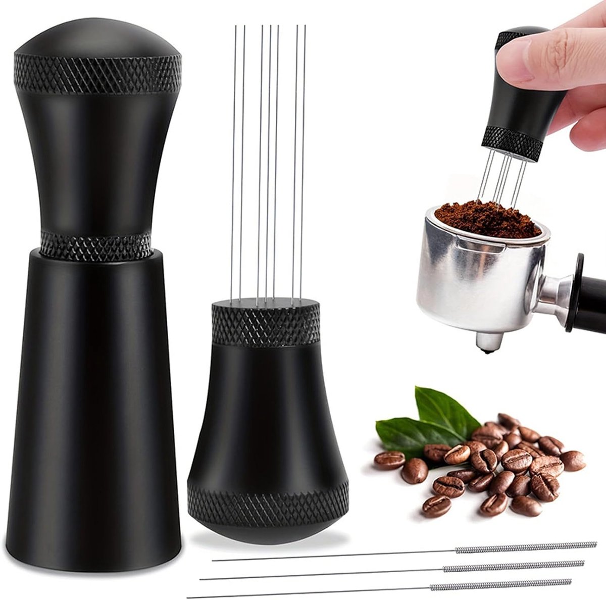 Espressostamper, verstelbare tamperset met 27 fijne roestvrijstalen naalden, aluminium behuizing voor barista, mat zwart