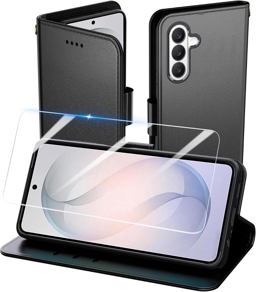 Hoes voor Samsung Galaxy S26 Telefoonhoes + 1x Panzerglas, RFID Lederen Fliphoes met Cardholder - Portemonnee Stijl - Zwarte Beschermhoes Compatibel met Samsung Galaxy S26
