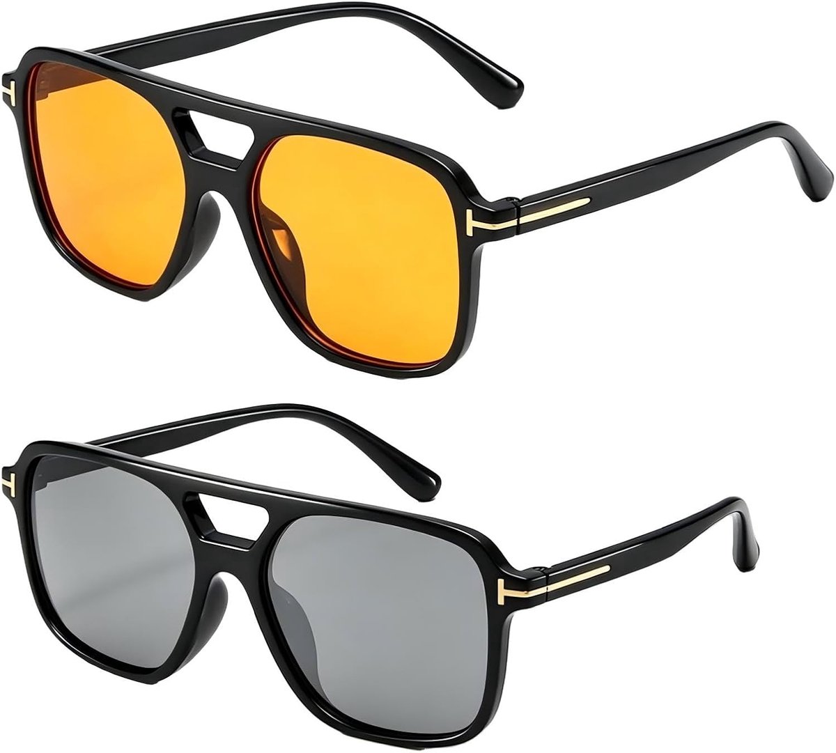Zonnebril unisex 2-pack – 70s stijl met dubbele brug, UV400 bescherming, lichtgewicht montuur, zwart frame met oranje & grijze glazen voor rijden en outdoor