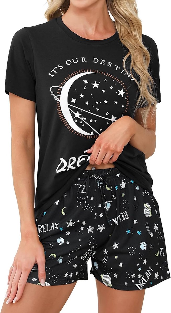 Katoen, korte mouwen met korte mouwen, loungewear, 2-delig, schattige sterrenstelsel, sterrenprint, nachtkleding, nachtkleding