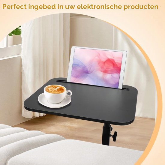 Bijzettafel C-vorm, 360° draaibaar en in hoogte verstelbaar banktafel, salontafel, woonkamertafel, koffietafel, zijtafel, bedtafel voor slaapkamer, bed, bed en kleine ruimtes (zwart) — afbeelding 3