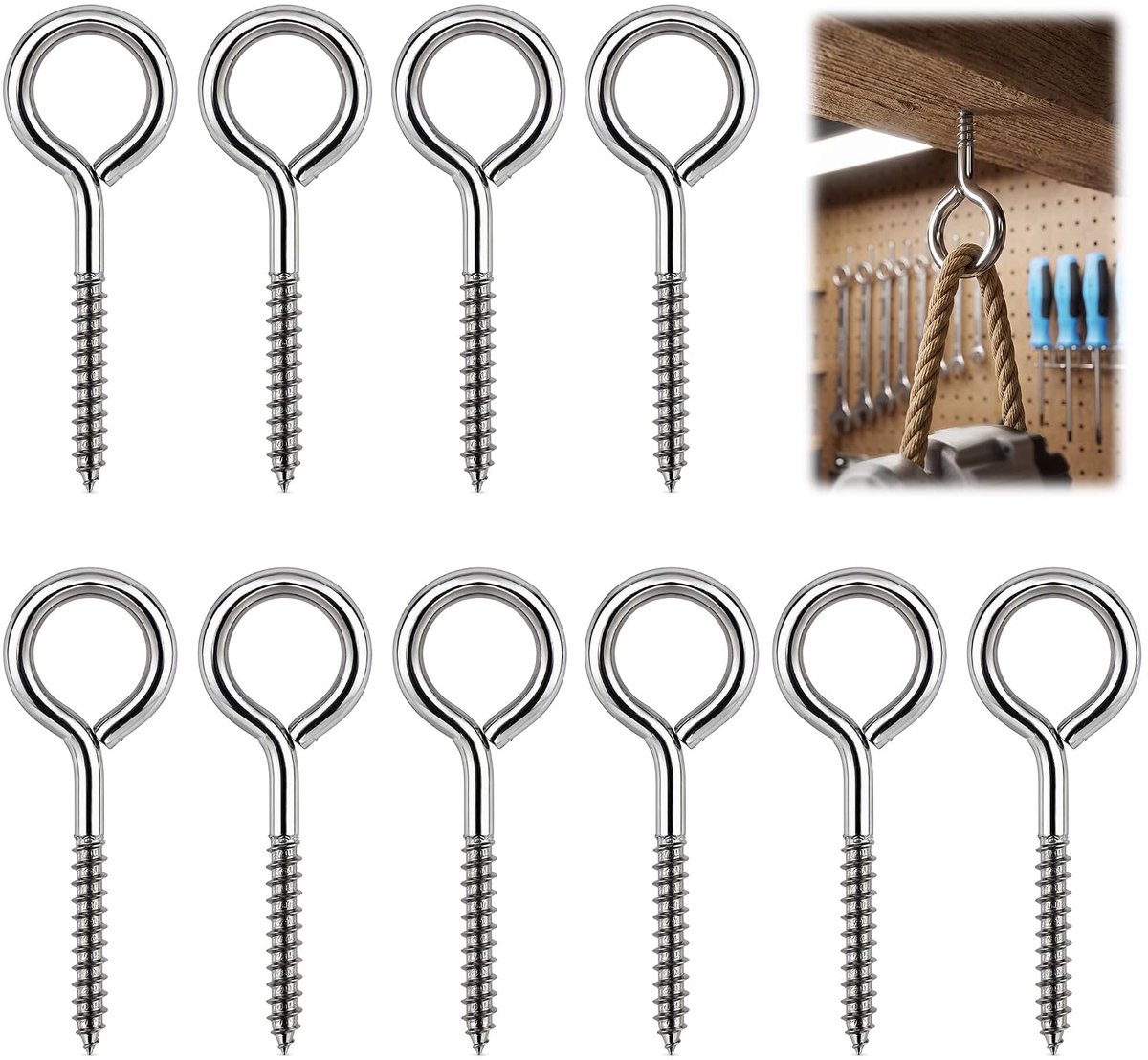 10 Stuks Roestvrijstalen Schroefogen M6, 8×3 cm Grote Metalen Oogschroef