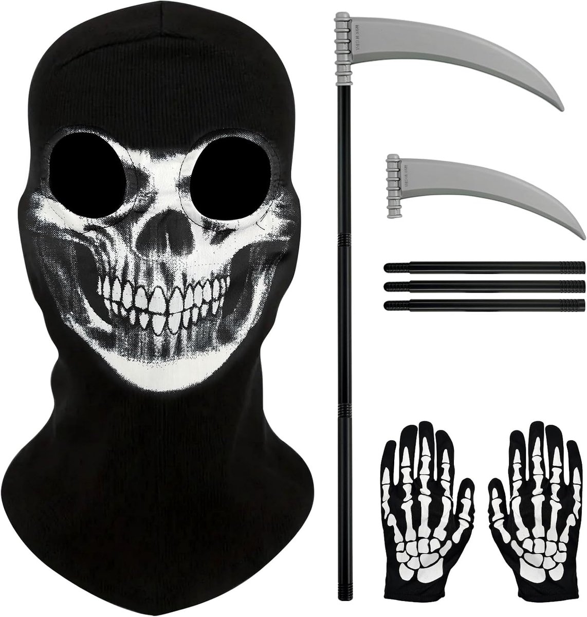 Skeletmasker, handschoenen, 1 schedel-gezichtsmasker, 1 schedelhandschoenen, 1 Halloween sikkel, Halloween-schedel, gezichtsmasker, decoratie, accessoire, voor Halloween, cosplay,