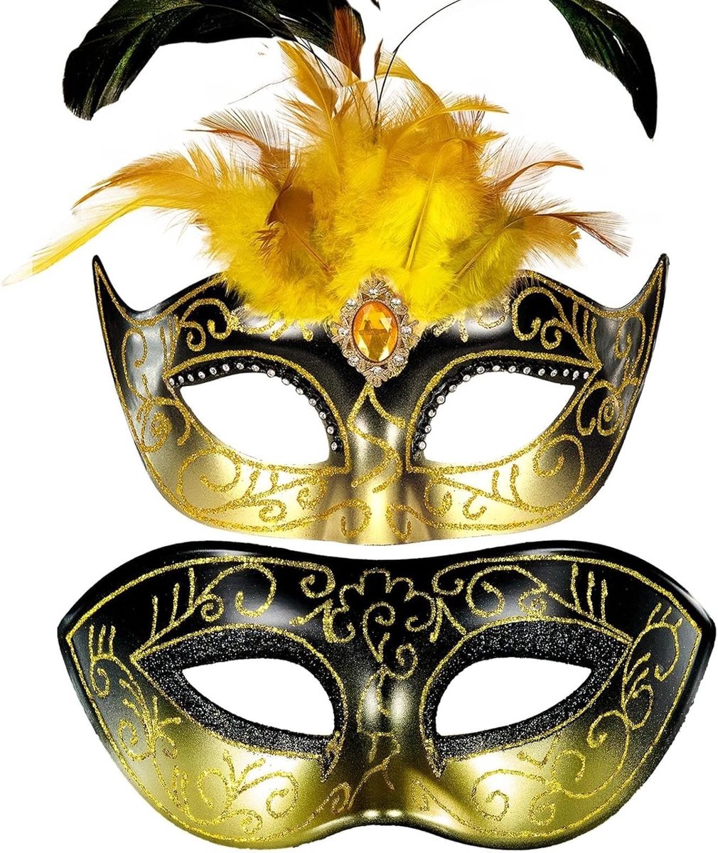 SnelShoppen - MYSEUNI Maskerade masker voor paar met veren - Vrouwen veren carnaval maskers & mannen Venetiaans masker voor Halloween en Kerstmis - Pe