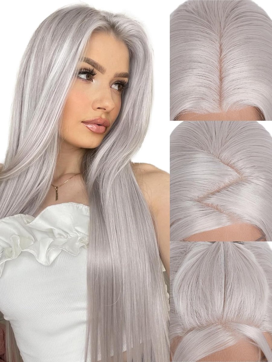 SnelShoppen - FAVE 65 cm Grijze Pruik, 13x4 Lace Front, Synthetische Vezels, Warmtebestendig Zilveren Lang Haar, Voorgevormde Natuurlijke Haarlijn, Da