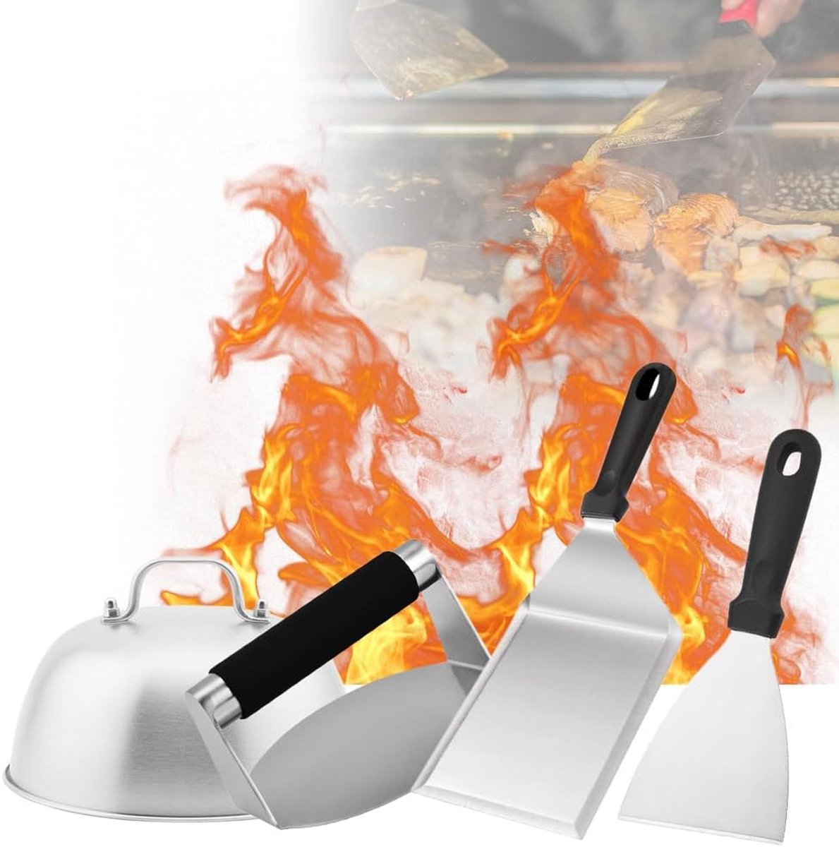 SnelShoppen - Burger Smasher Smash Burger Set RVS Grill Cutlery Set met Burger Press, Grill Spatula, Burger Paper en Melting Bell voor Gas Grill, Tepp