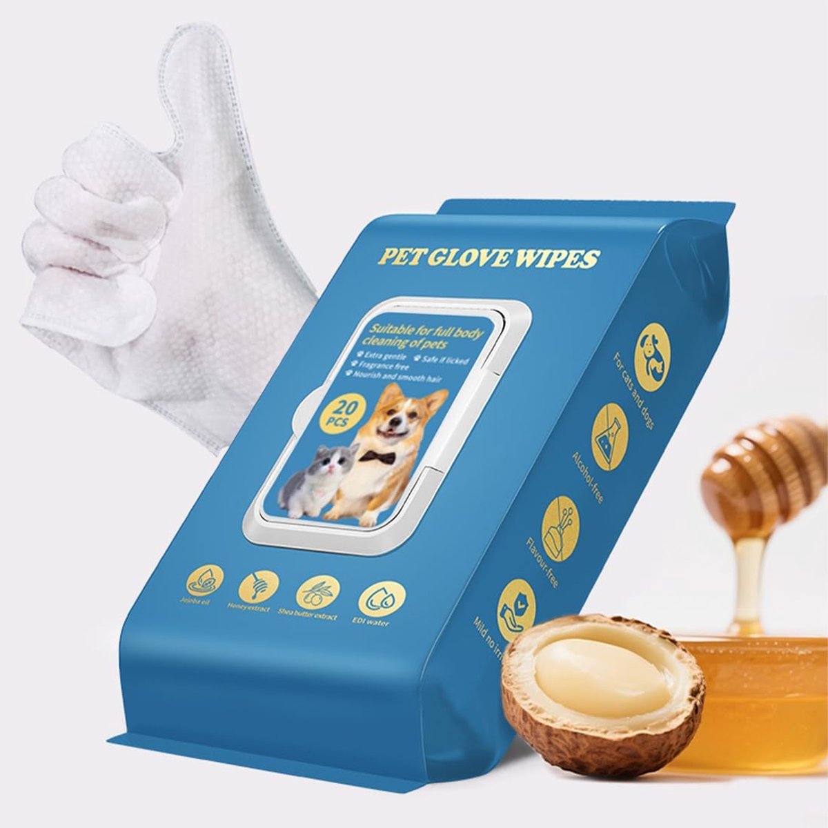 SnelShoppen - Pack van 20 Dieren Glove Doekjes - Hond Kat Reinigingshandschoenen - Vacht Gezicht Oor Oog Poot Schoonmaak Wipes - Dierverzorging zonder