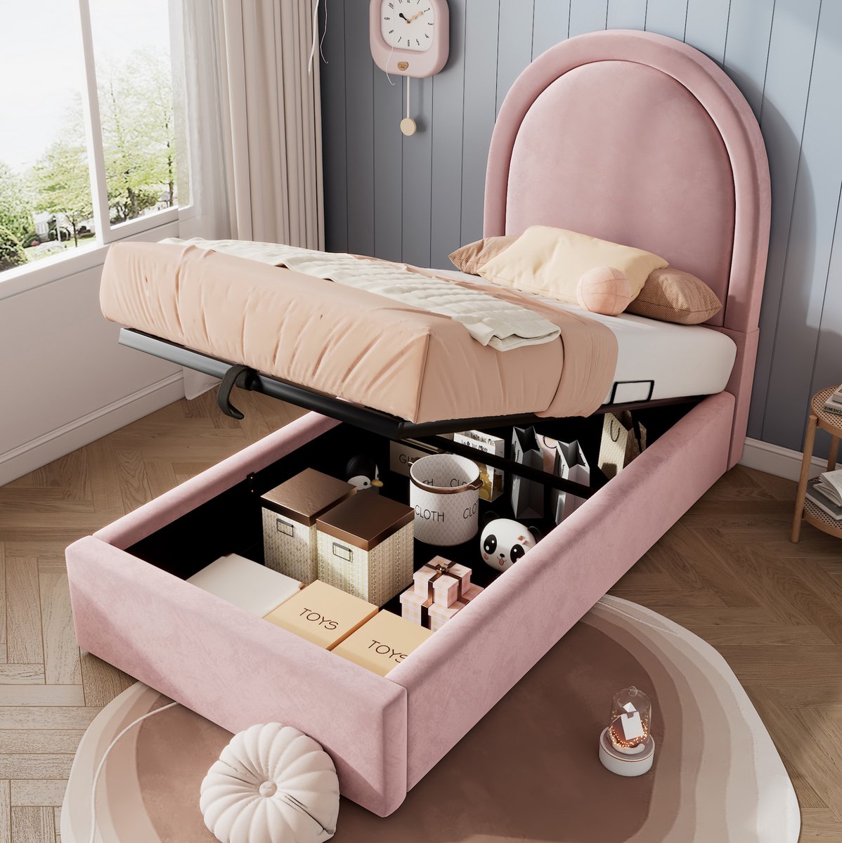 WUVRIE Kinderbed 90x200 cm met opbergruimte, fluwelen hoofdbord en 7-zone matras, roze