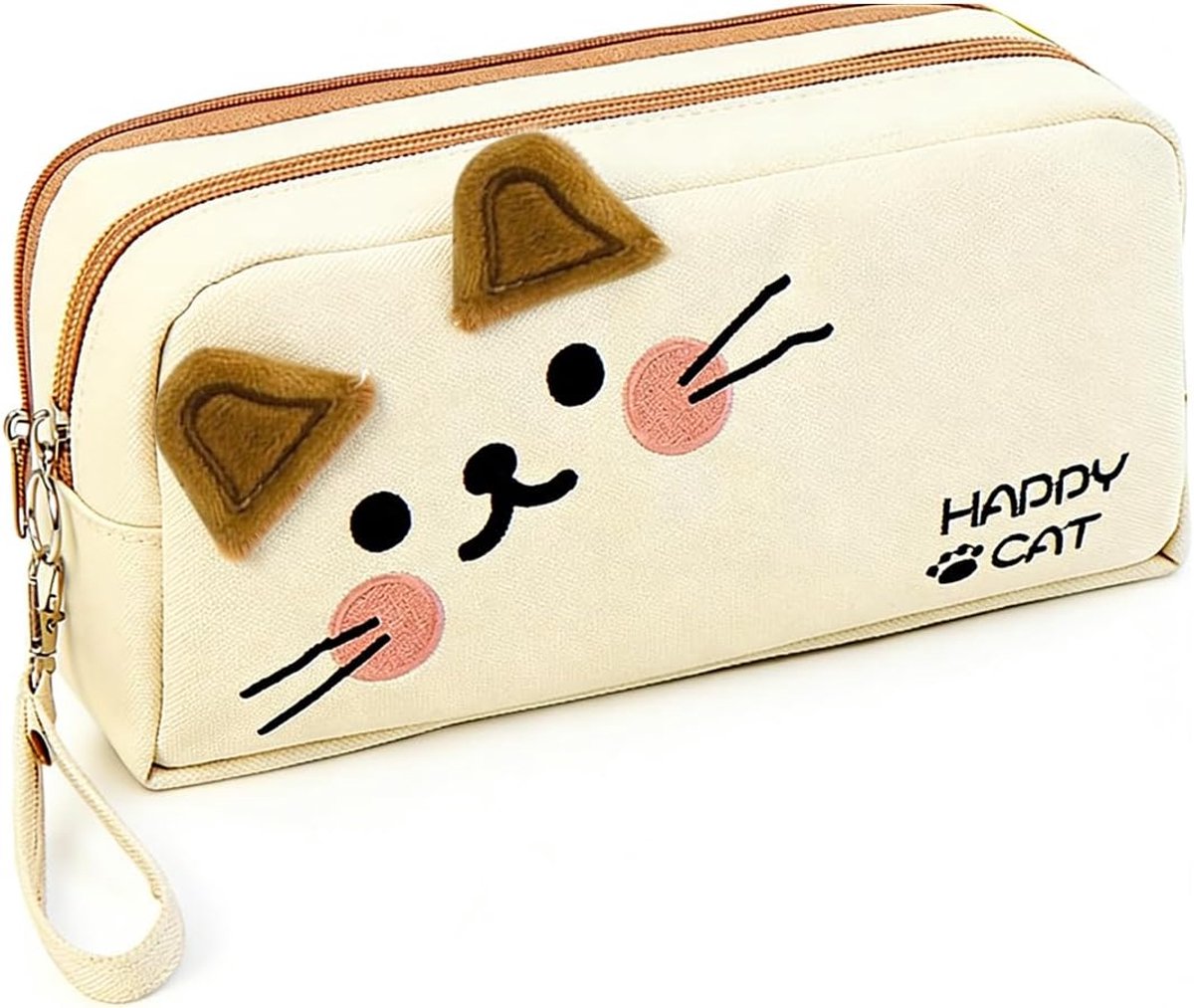 SnelShoppen - Uittrekbaar Pennenetui met Grote Capaciteit - 3 Vakken - Schrijfwaren Organizer - Kawaii Cat Design - Perfect voor School en Make-up - C