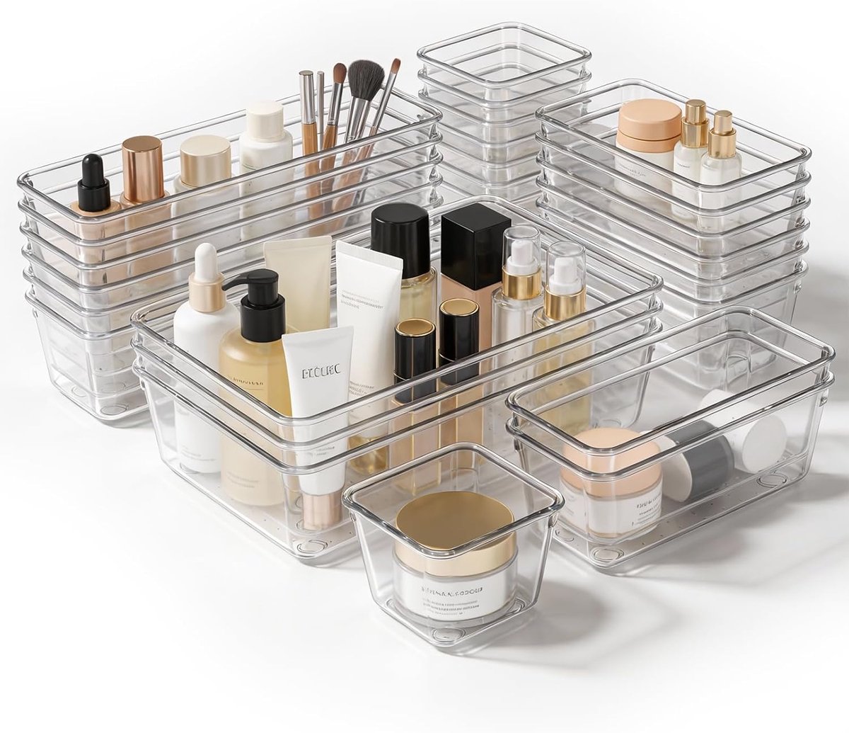 SnelShoppen - 25 Stuks Lade Organizers, Transparant, 4 Maten, Make-up Lade Inleg, Opbergsysteem, Veelzijdige Organisator voor Dressing Tafel, Keuken,