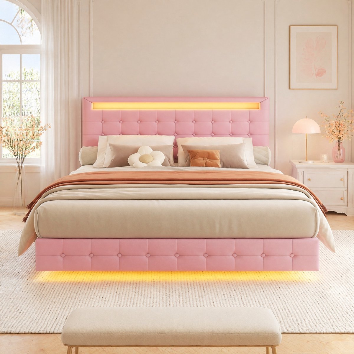WUVRIE Tweepersoons bedframe 140x200 cm met LED-verlichting, verstelbaar hoofdeinde en lattenbodem, roze