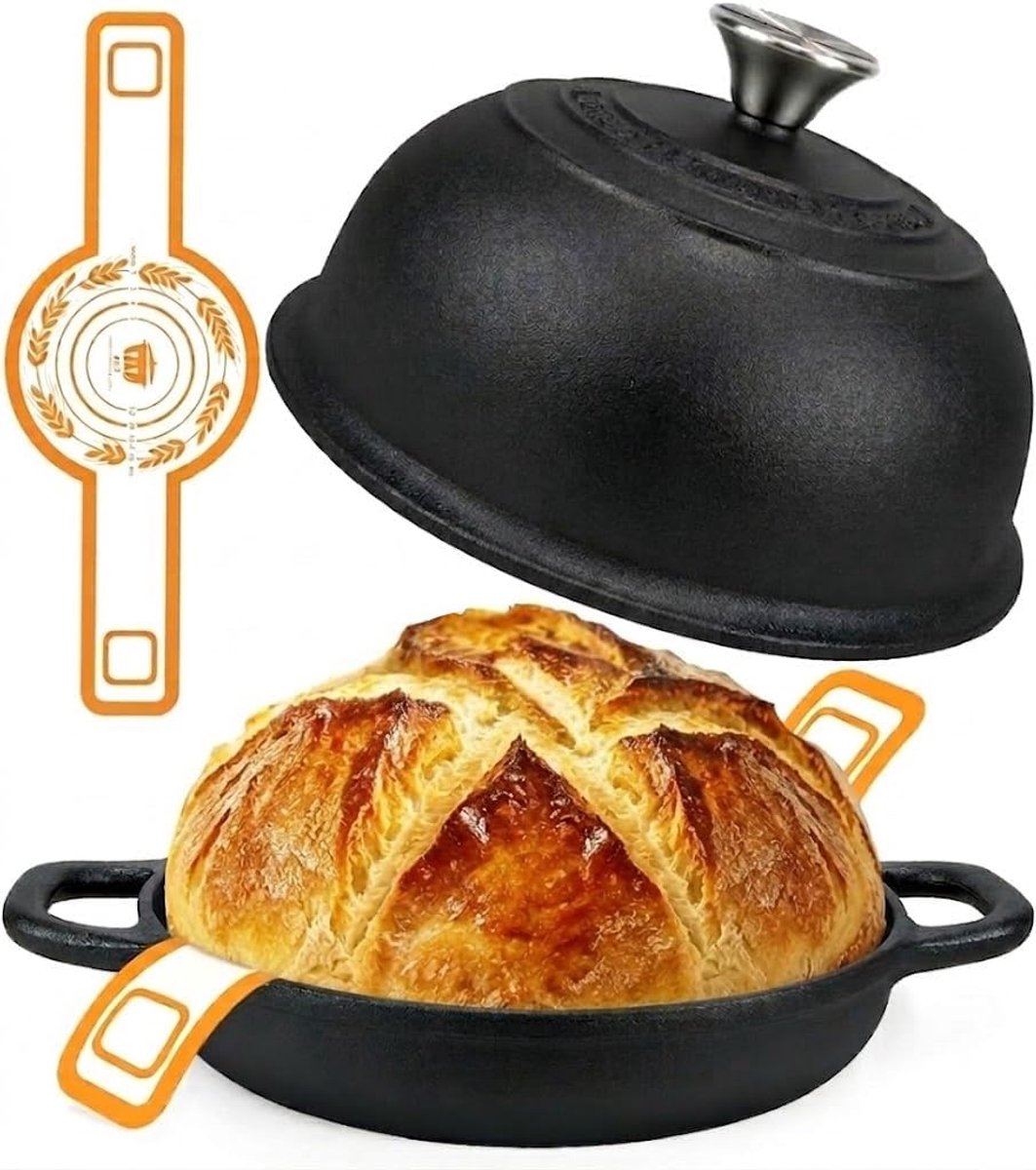 SnelShoppen - Gietijzeren Pan Brood Bakken 4,7L - Braadpan Stoofpot met Deksel 24cm - Dutch Oven Gietijzer met Siliconen Mat - Ideaal voor Keuken, Bak