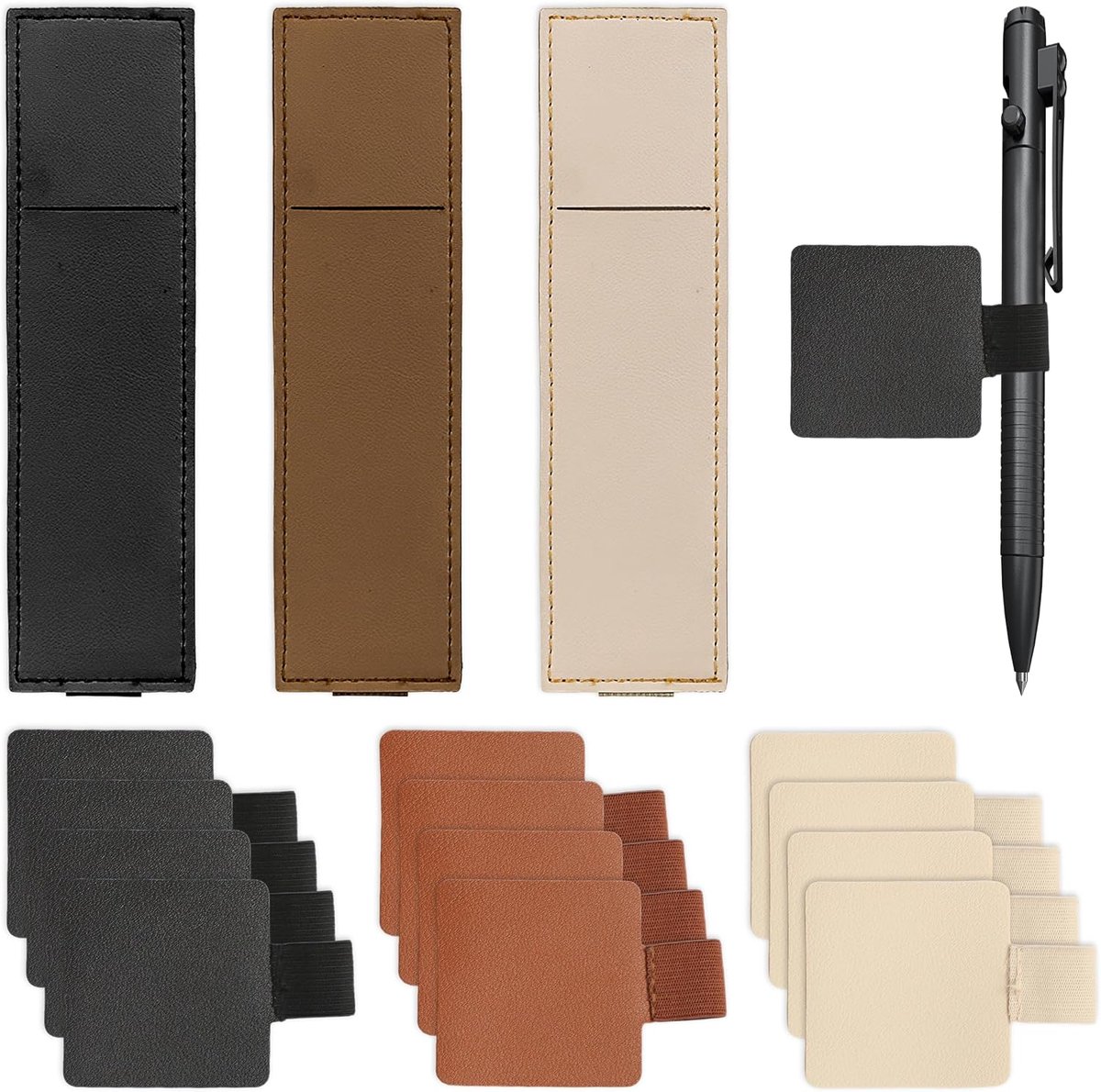 SnelShoppen - 15 Stuks Elastische Penhouders - Zwart Beige Bruin PU Leer met Zelfklevende Lussen voor Notitieboek, Planner en Tablet