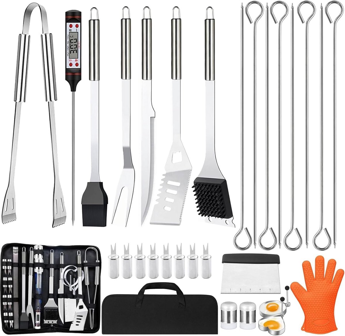 SnelShoppen - BBQ Accessoires Set 30 Stuks RVS Grill Gereedschap met Opbergtas - Professionele Barbecue Tool Set voor Camping, Picknicks, Tuin Feesten