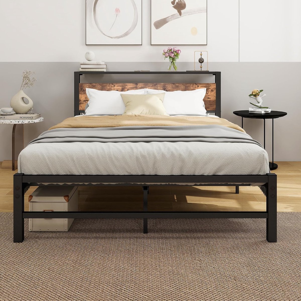 Bedframe van metaal, 140 x 200 cm, met houten hoofdeinde, bedframe van metaal met lattenbodem, logeerbed, robuust, duurzaam, jeugdbed, eenvoudig te monteren