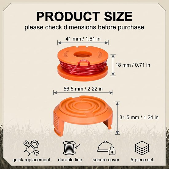5 stuks spoelset voor bosmaaier, compatibel met 3 spoelen van nylon draad 1,65 mm en 2 spoelafdekkingen voor elektrische grastrimmers serie — afbeelding 3