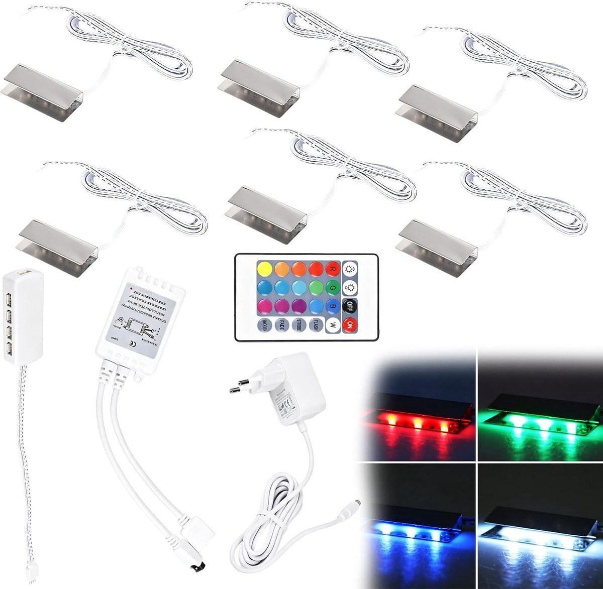6 stuks RGB 5050SMD RGB ledverlichting met afstandsbediening, vitrineverlichting, glazen vloerverlichting, clip met 12V voeding, led-lichtstrip voor vitrine, tafel