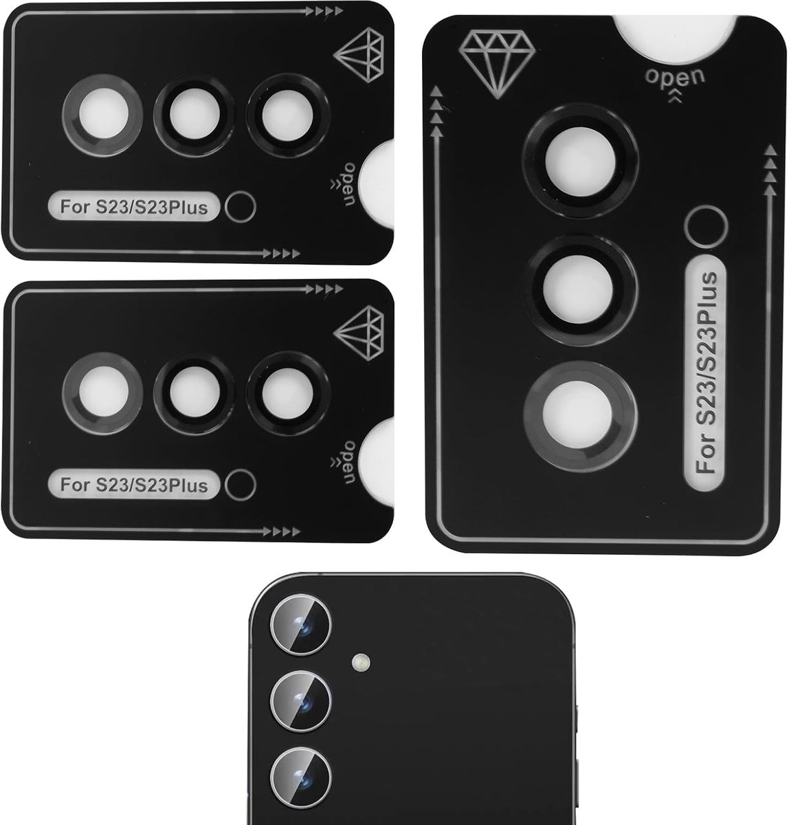 Camerabescherming voor Samsung Galaxy S23 5G (6,1 inch) en S23 Plus 5G (6,6 inch), 9H pantserglas met metalen ringafdekking, HD helder, set van 3 voor optimale bescherming en eenvoudige
