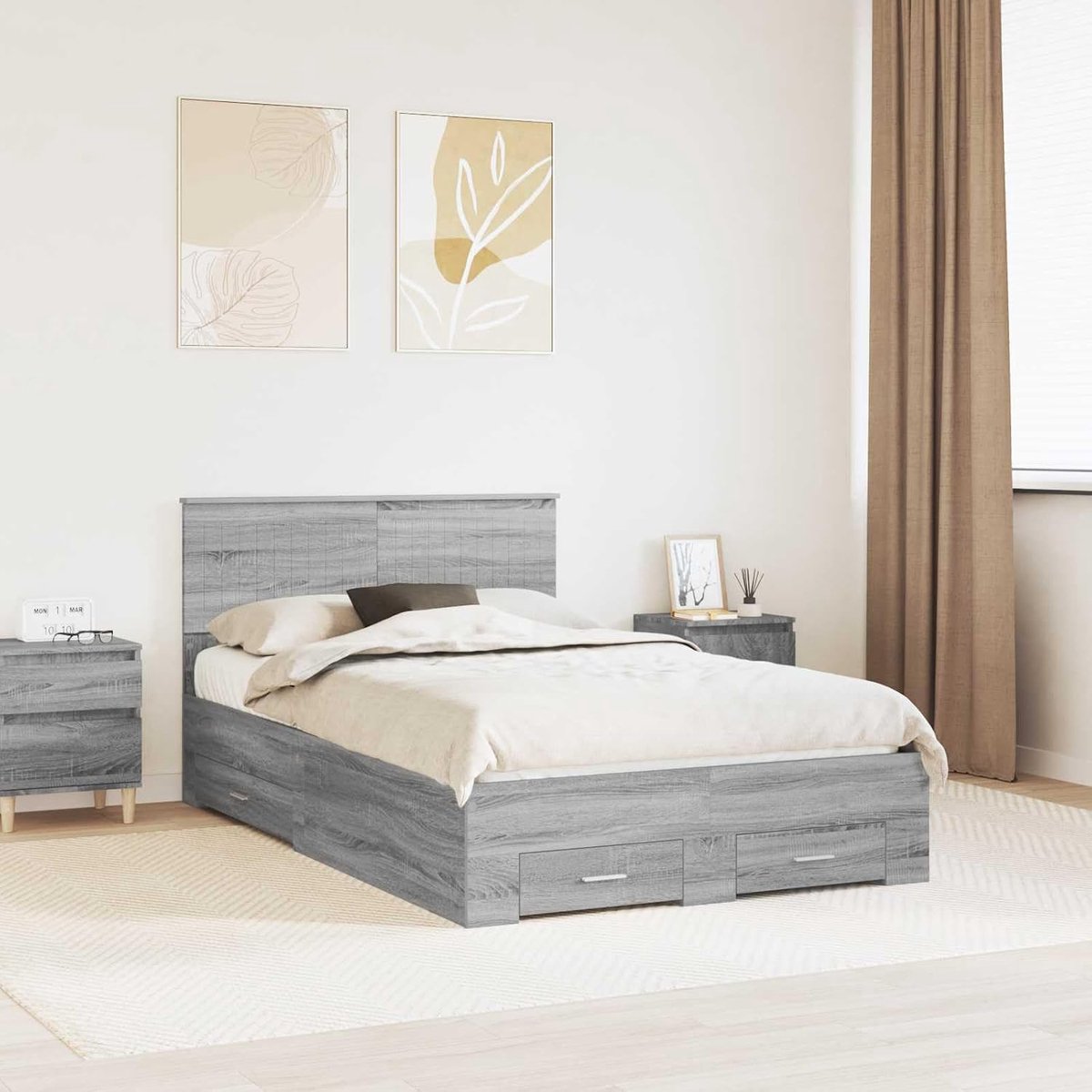 Bewerkt hout slaapkamer houten frame 120 x 200 cm Grijs sonoma