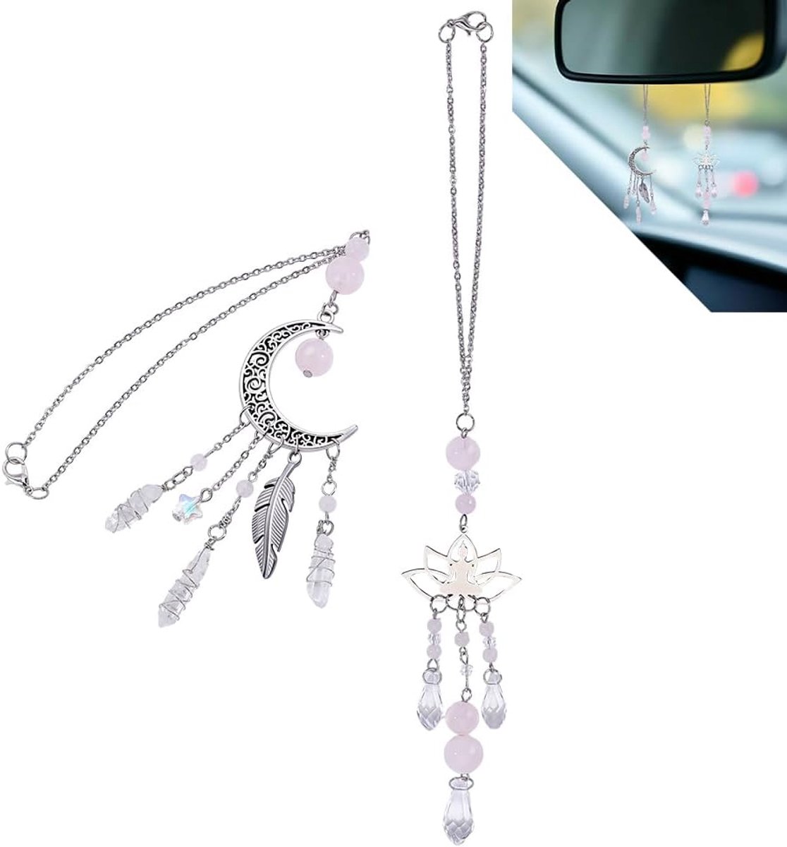 2 handgemaakte hangers voor de auto met kwartskristallen.