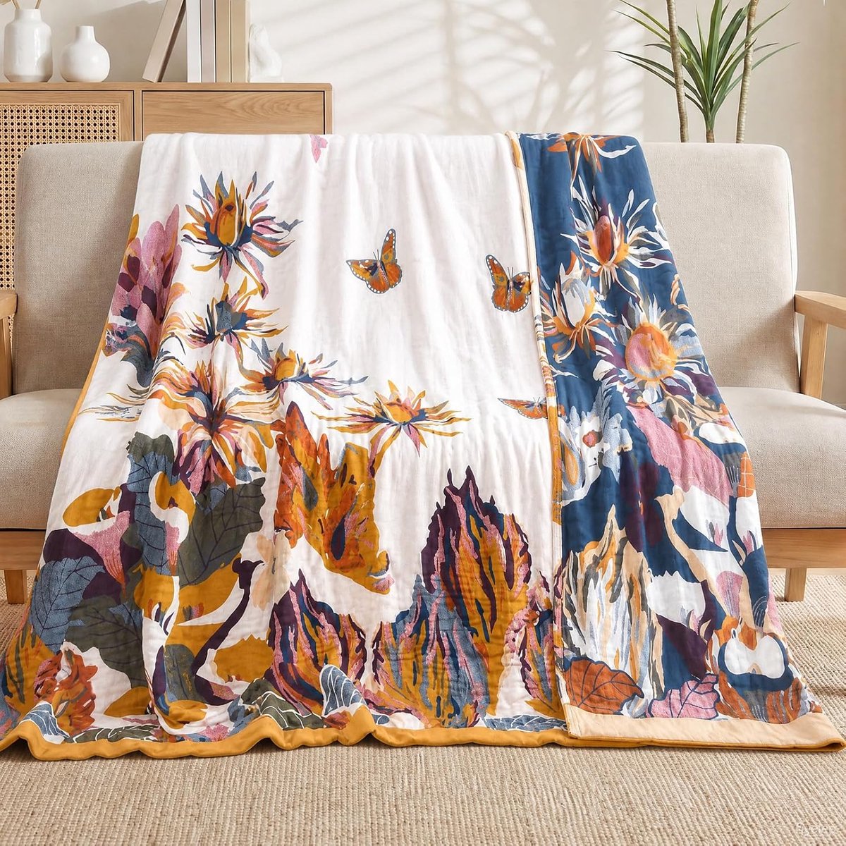 Deken 150 x 200 cm, Boho mousseline deken, 100% katoen, wit-SMHX