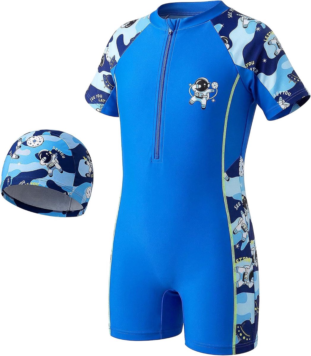 Zwempak voor Jongens en Meisjes Eendelig Badpak Kinderzwempak met Badmuts Korte Mouw Zwemkleding Sneldrogend Strand Badmode voor Kinderen 4-10 Jaar