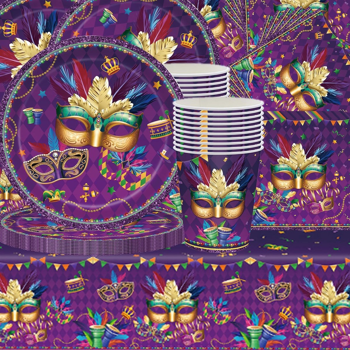 61 delige Venetiaanse carnavalsservies set, mysterieuze paarse maskerade thema feestdecoraties, tafelkleed, papieren bekers, servetten, papieren borden, geschikt voor 20 gasten