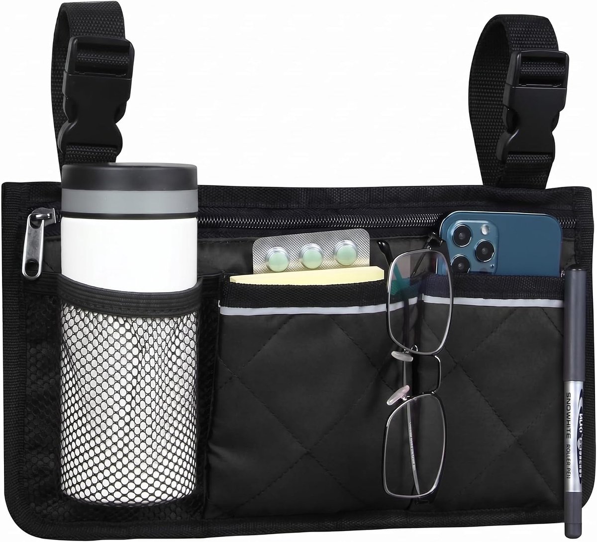 Opbergtas voor rolstoel, armleuningtas met bekerhouder en reflecterende streep, waterafstotende stof, geschikt voor de meeste rolstoelen, rollators en loophulpmiddelen (zwart)
