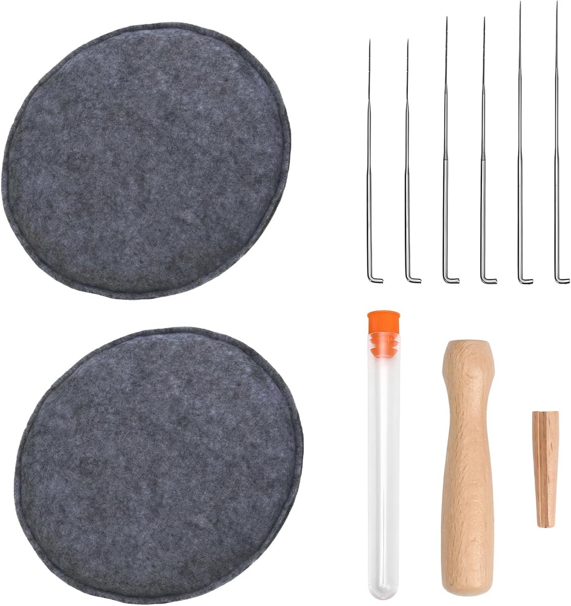 Vilten, set van 2 grote ronde viltmatten van 25 cm, 1 houten handvat, 6 viltnaalden, starterset voor volwassenen, droogvilten, naaldvilten (sponsvilten, donkergrijs)